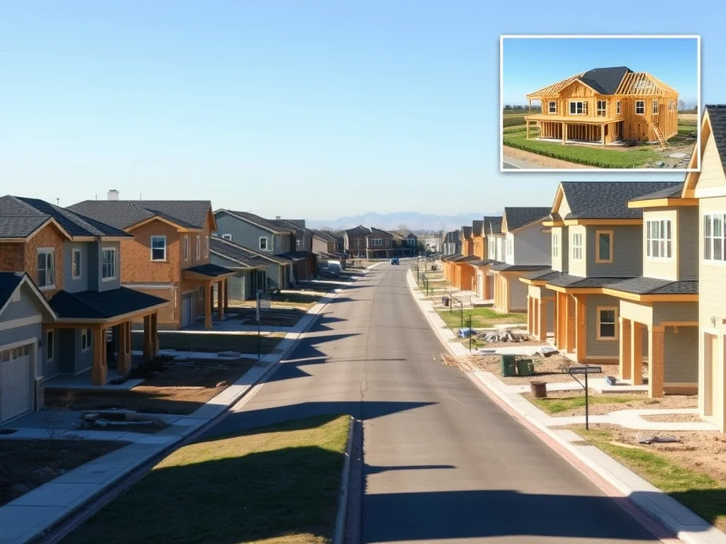 Residential subdivision construction site showing homes at multiple stages of construction at once
